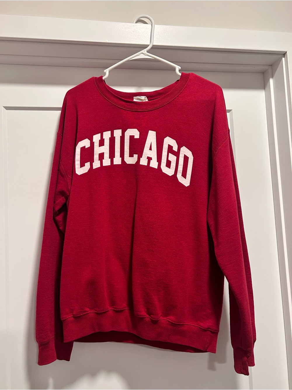 Gildan Red Crewneck Sweatshirt with White CHICAGO Lettering